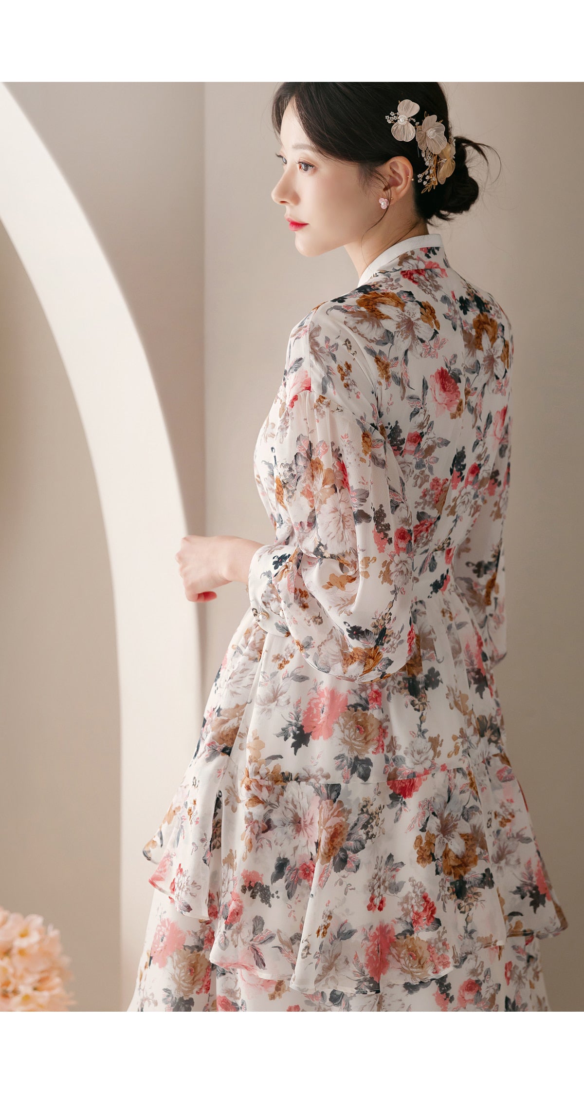 Korean Organza Hanbok Dress: Slim-Fit Color Block Sheer Sleeve