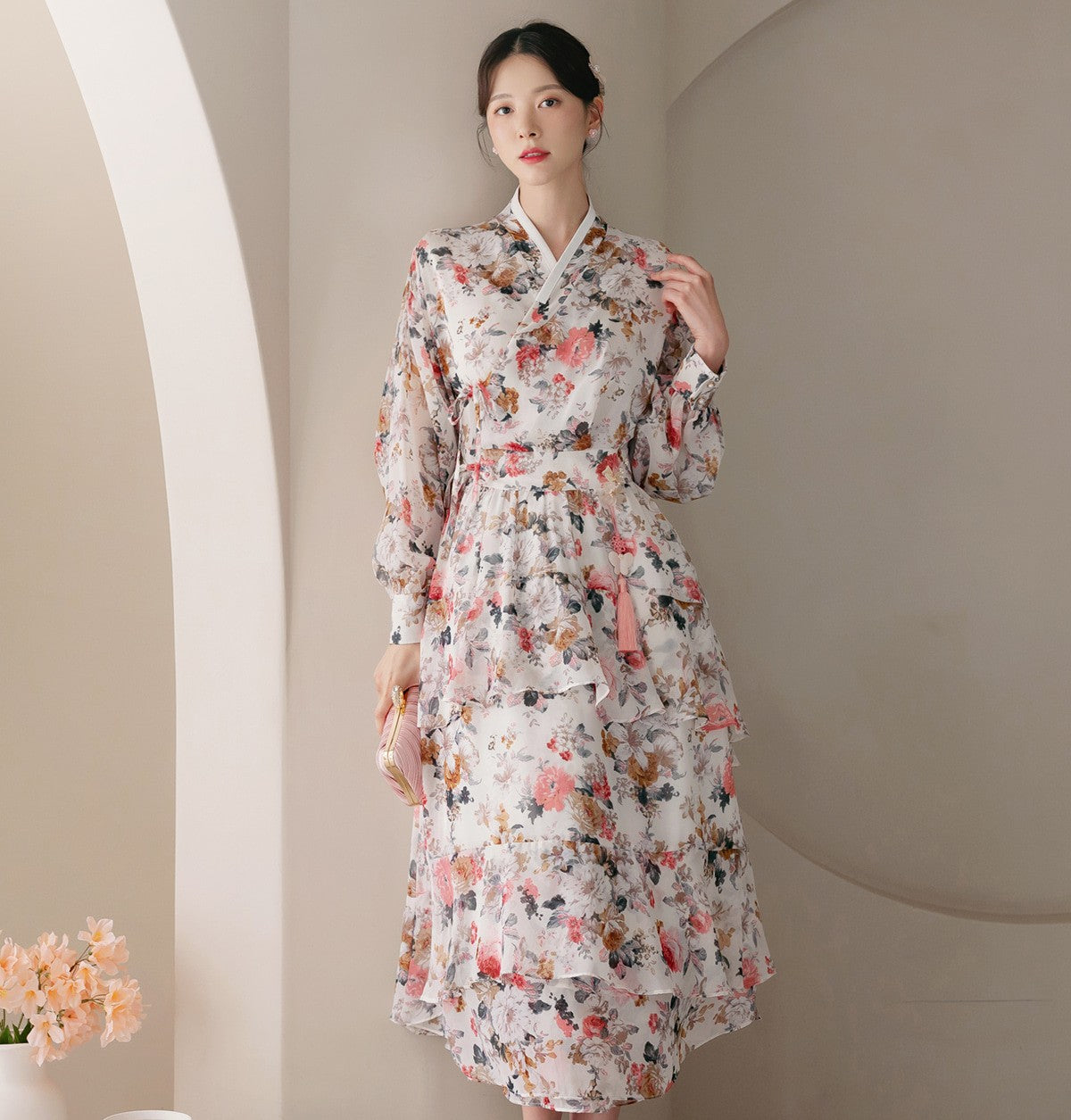 Korean Organza Hanbok Dress: Slim-Fit Color Block Sheer Sleeve