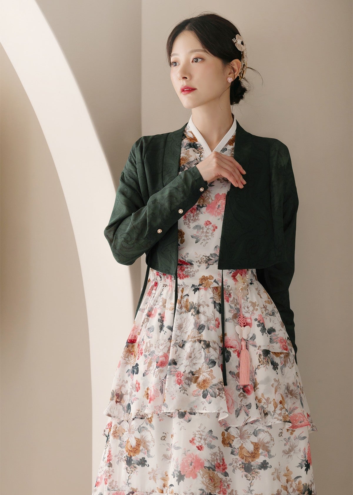 Korean Egret Flower Hanbok Blouse: Sheer Floral Jeogori Top