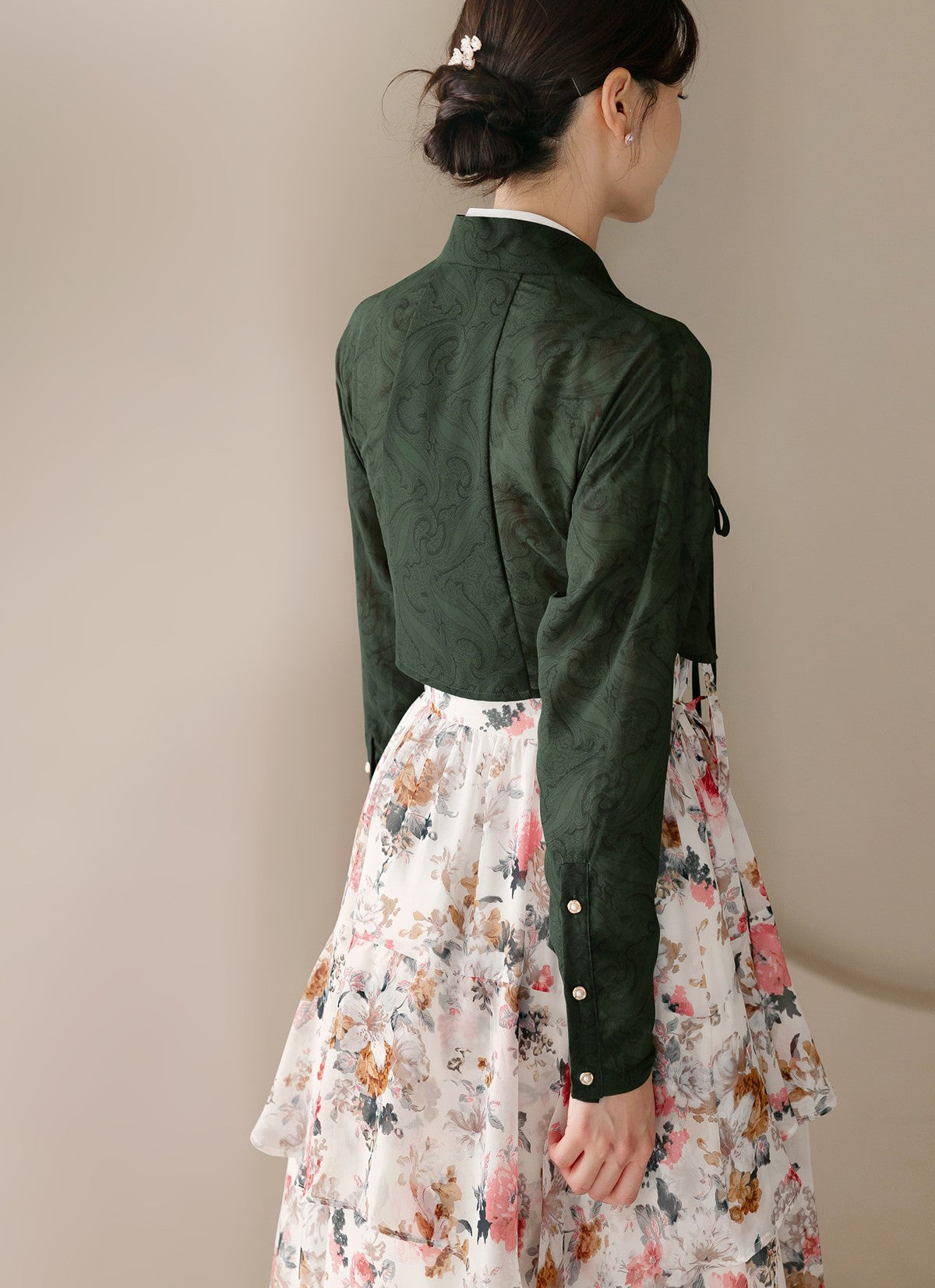 Korean Egret Flower Hanbok Blouse: Sheer Floral Jeogori Top