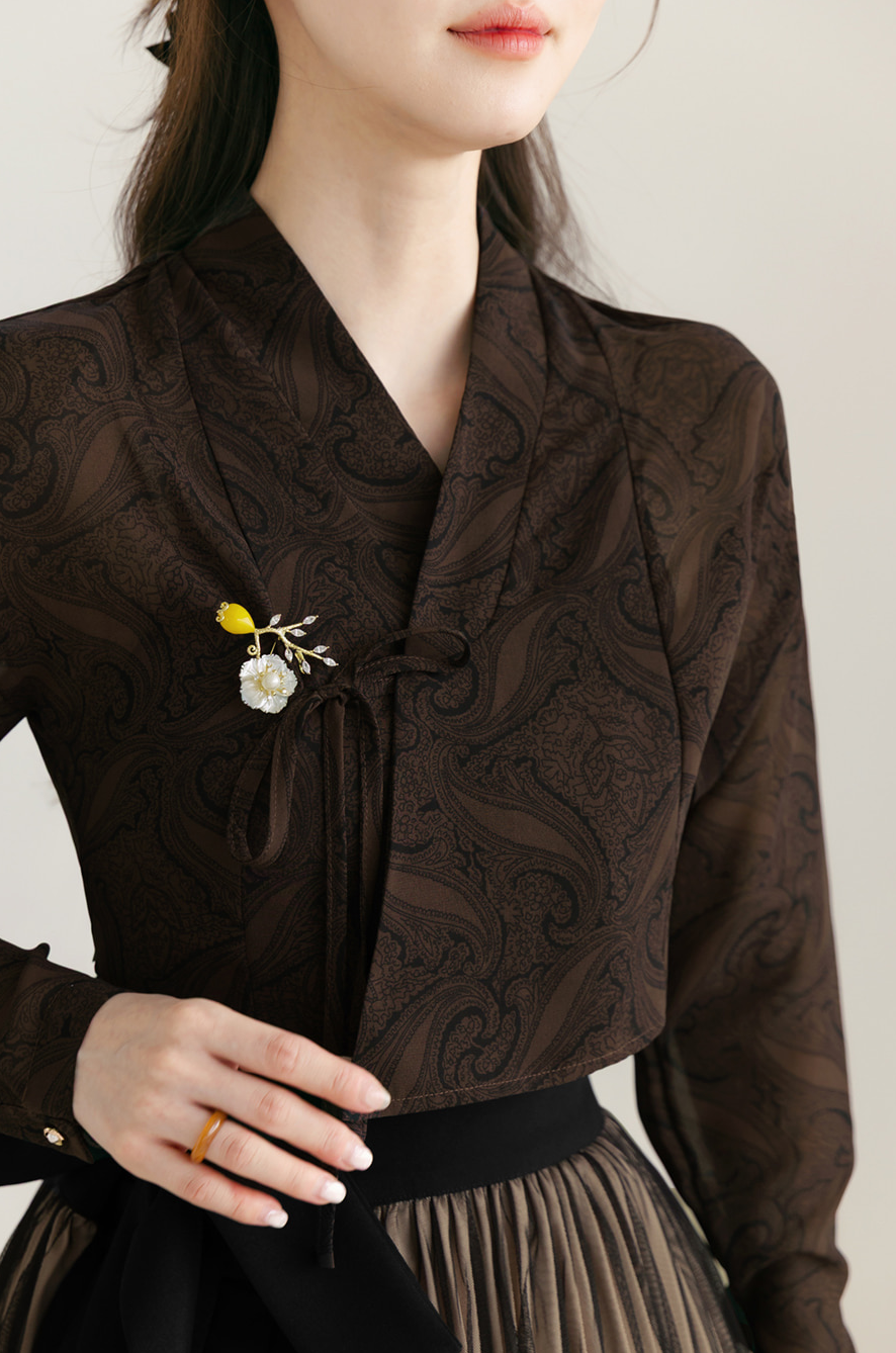 Korean Egret Flower Hanbok Blouse: Sheer Floral Jeogori Top