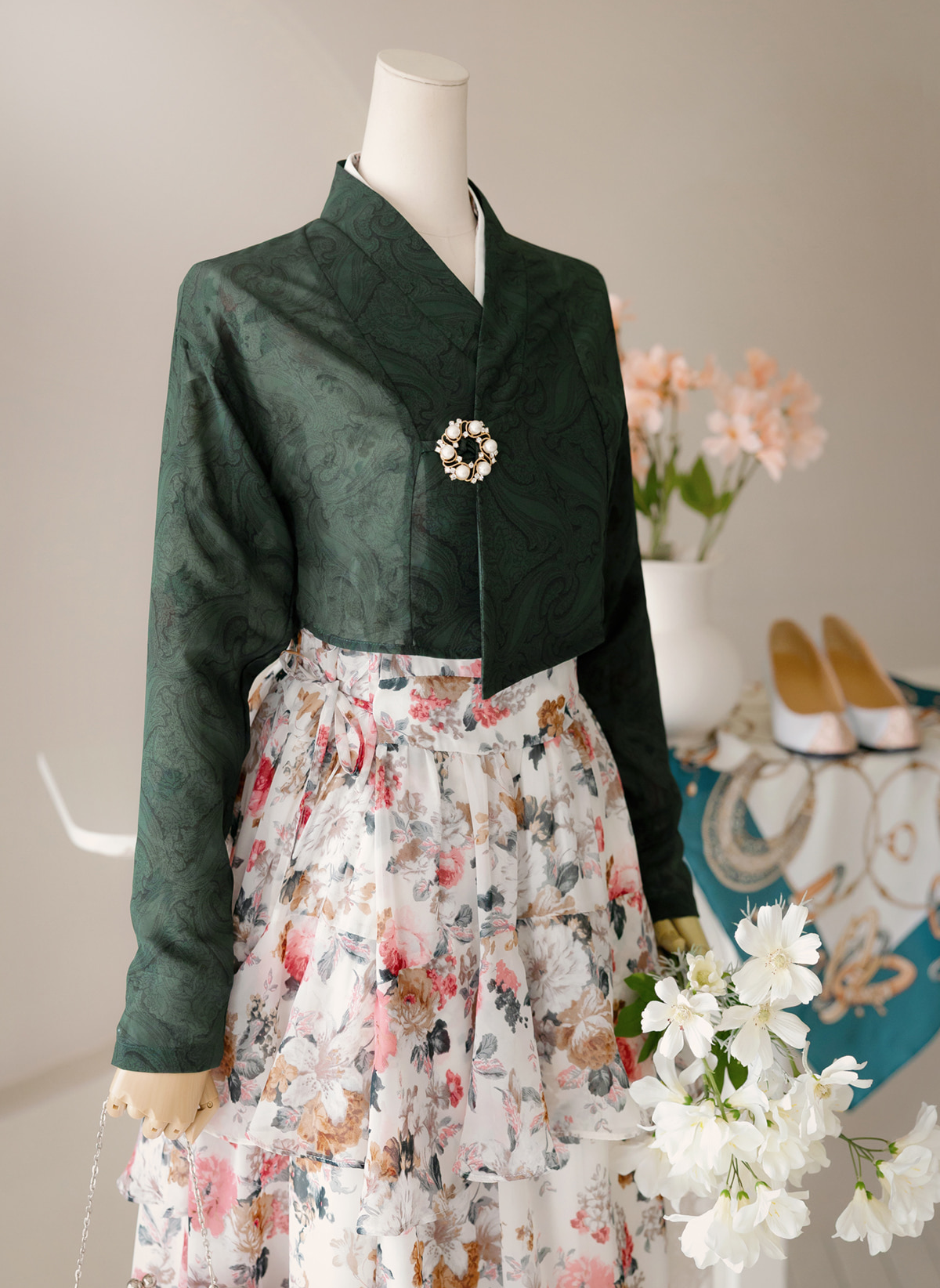 Korean Egret Flower Hanbok Blouse: Sheer Floral Jeogori Top