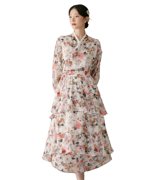 Korean Organza Hanbok Dress: Slim-Fit Color Block Sheer Sleeve