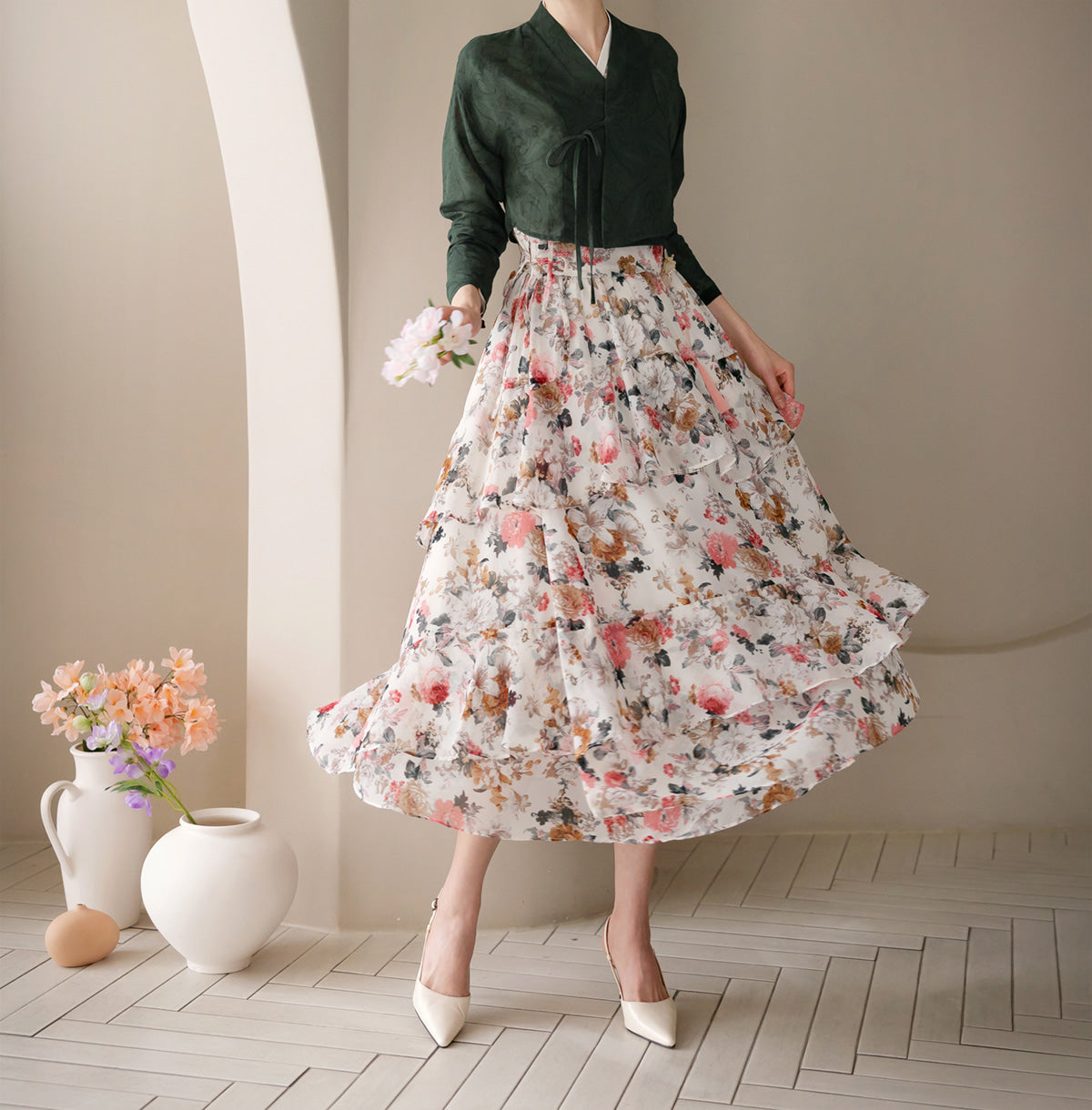 Korean Organza Hanbok Dress: Slim-Fit Color Block Sheer Sleeve
