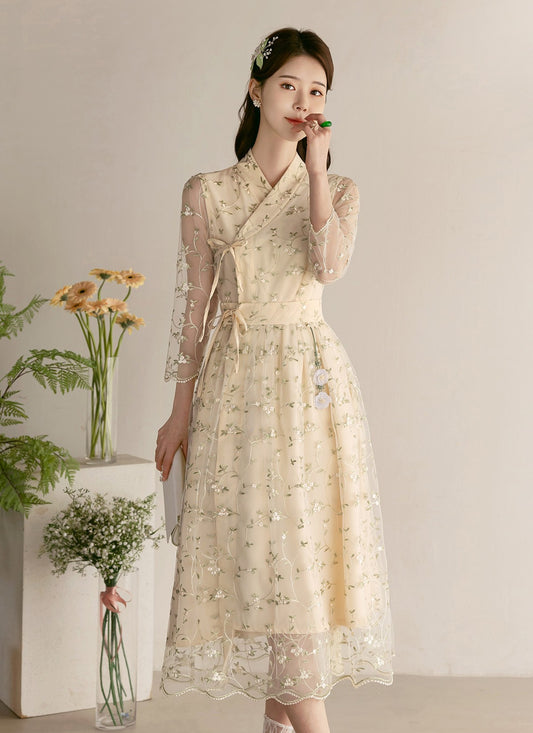 Korean Hanbok Modern Dress Floral lace embroidered hanbok